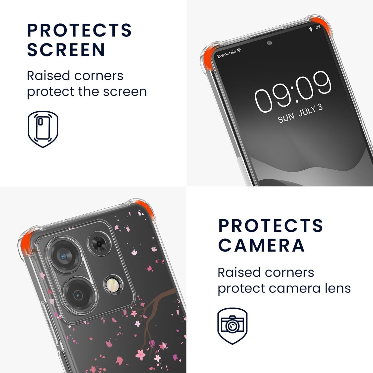 KW Xiaomi Redmi Note 13 5G Θήκη Σιλικόνης TPU με Λουράκι - Design Cherry Blossom Leaves - Pink / Dark Brown / Διάφανη