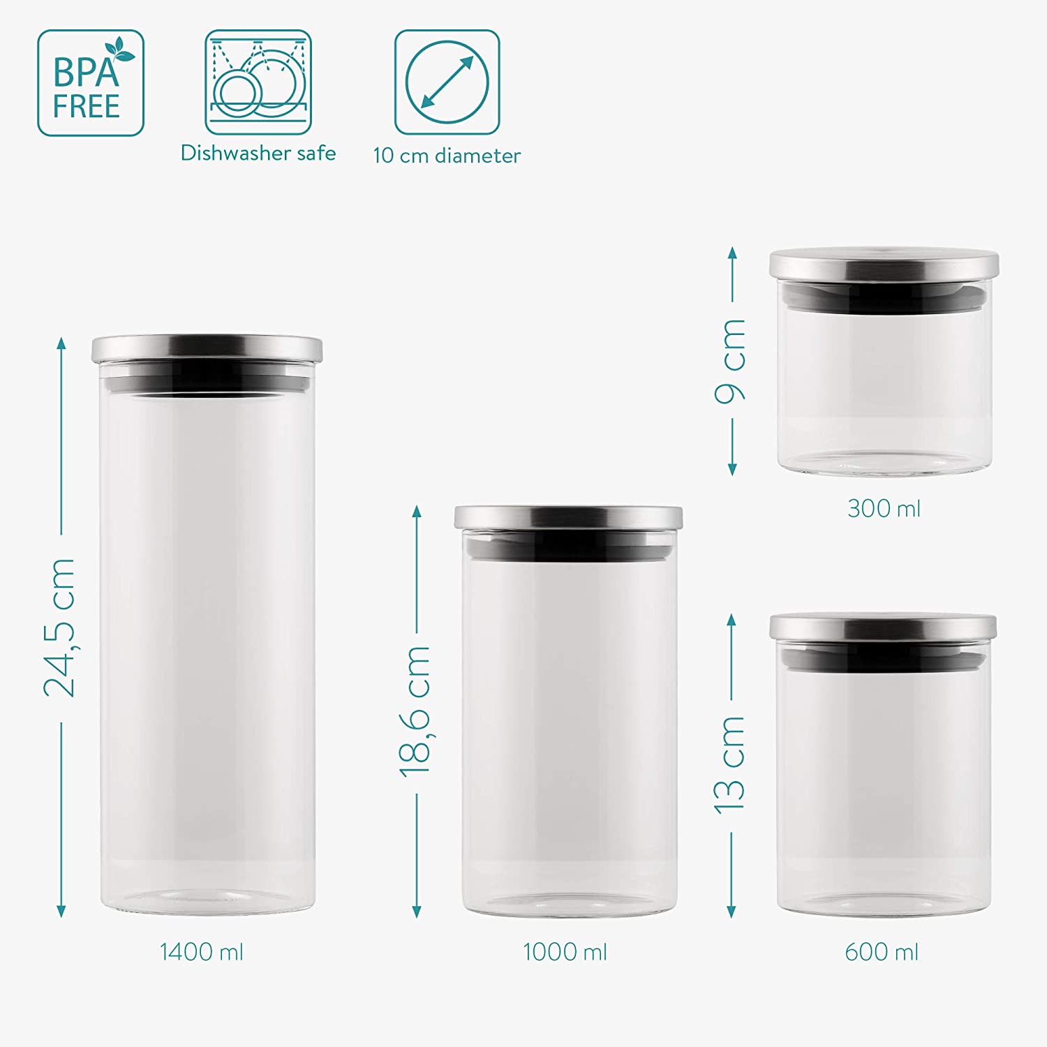 Navaris Σετ 4 Γυάλινα Βάζα Αποθήκευσης με Καπάκι - Διάφανα - 53084.01.04