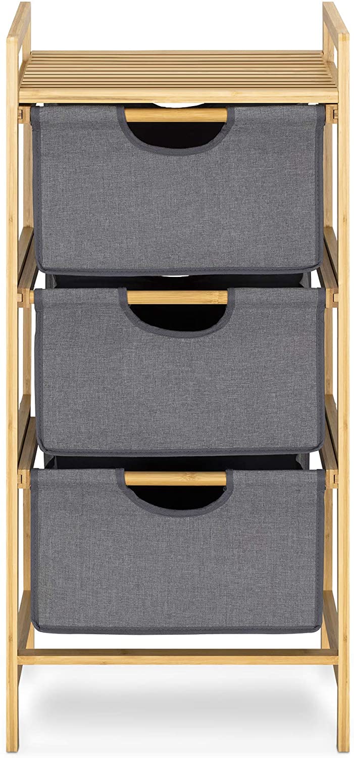 Navaris Καλάθι Απλύτων με 3 Ράφια - Bamboo - Light Brown / Grey - 53427.22