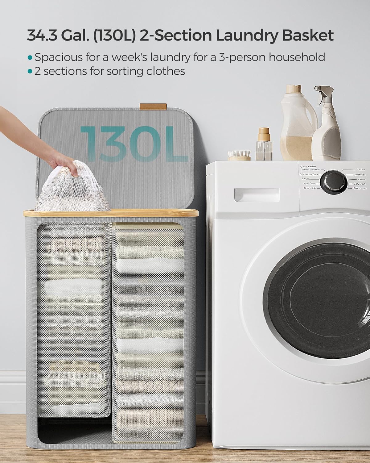 Songmics Καλάθι Απλύτων 2 Διαμερισμάτων με Καπάκι και Αποσπώμενη Εσωτερική Θήκη - 130L - Dove Grey - LCB513G01