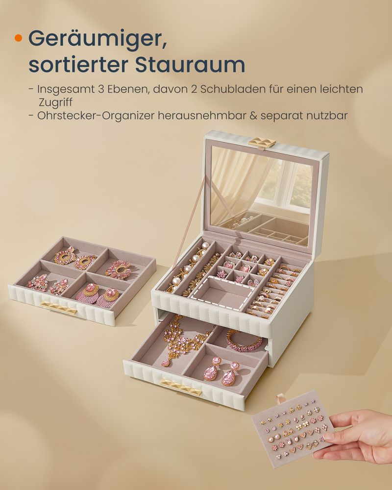 Songmics Home Anah Collection Κουτί Αποθήκευσης Κοσμημάτων με 3 Επίπεδα και Καθρέπτη - Cloud White - JBC183W01