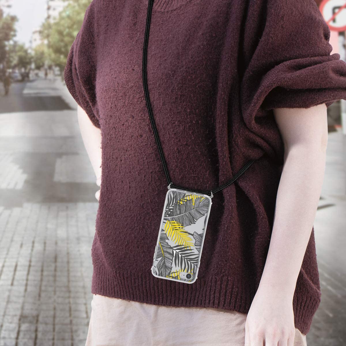 KW iPhone SE 2022 / SE 2020 / 7 / 8 Θήκη Σιλικόνης TPU με Λουράκι Design Palm Leaves - Διάφανη / Yellow / Grey - 48478.05