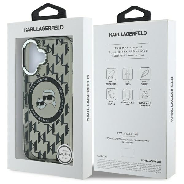 Karl Lagerfeld iPhone 16 - IML Monogram Karl and Choupette Head - MagSafe Σκληρή Θήκη με Πλαίσιο Σιλικόνης - Black - KLHMP16SHMCKMHK