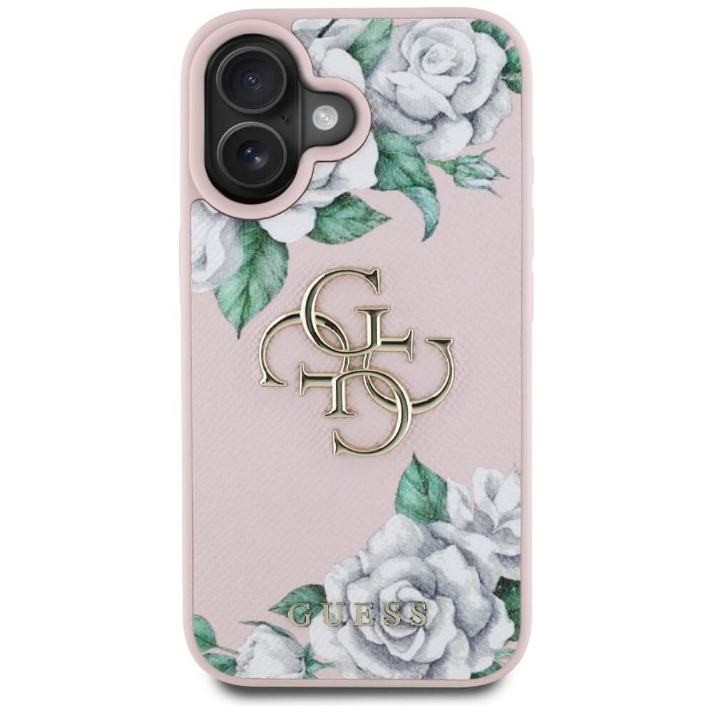 Guess iPhone 16 - Grained Roses Big 4G Logo - Σκληρή Θήκη με Επένδυση από Οικολογικό Δέρμα - Pink - GUHCP16SPGROP4MP