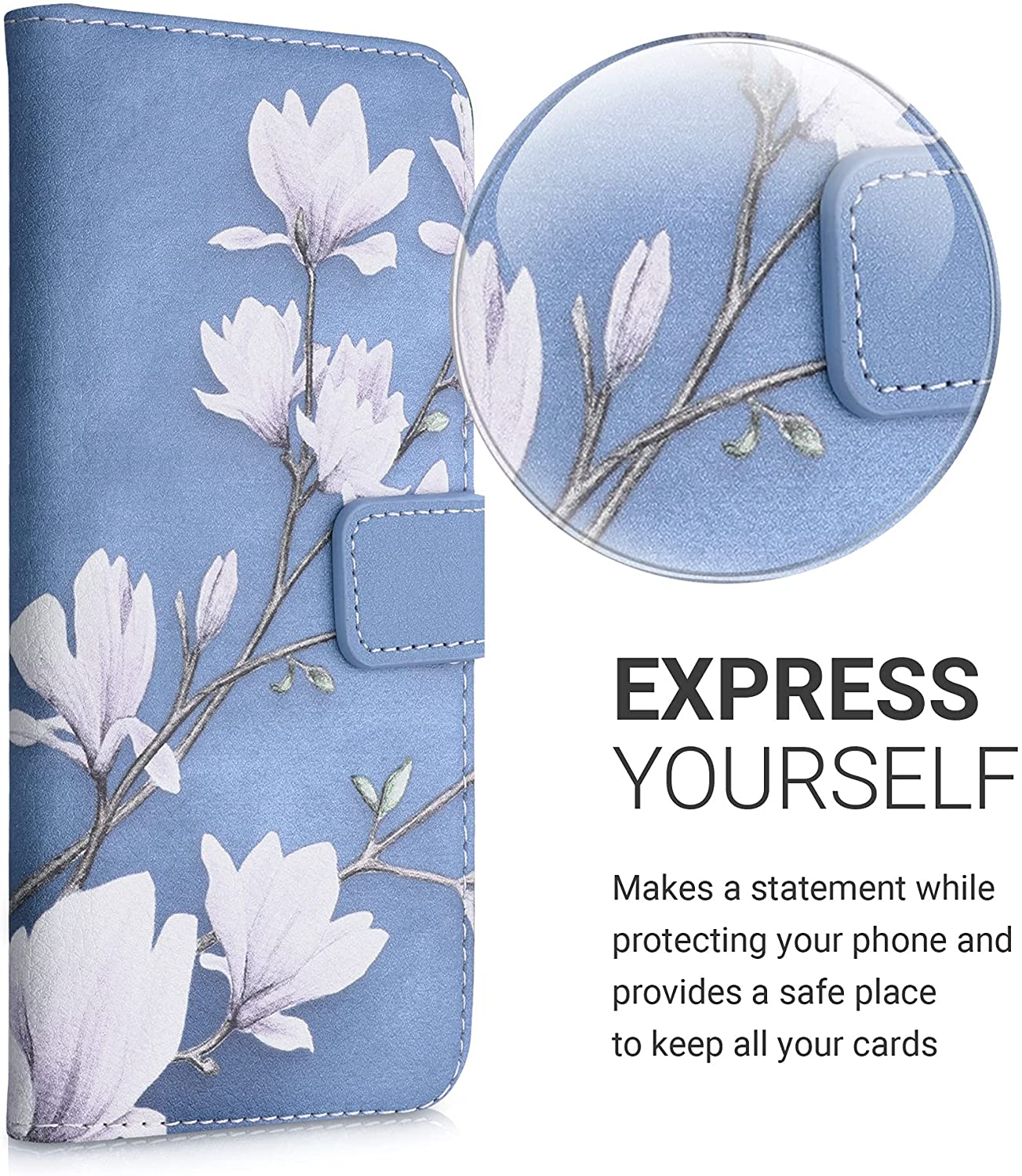 KW Samsung Galaxy A52 / A52 5G / A52s 5G Θήκη Πορτοφόλι Stand - Design Magnolias - White / Blue / Grey - 54349.02