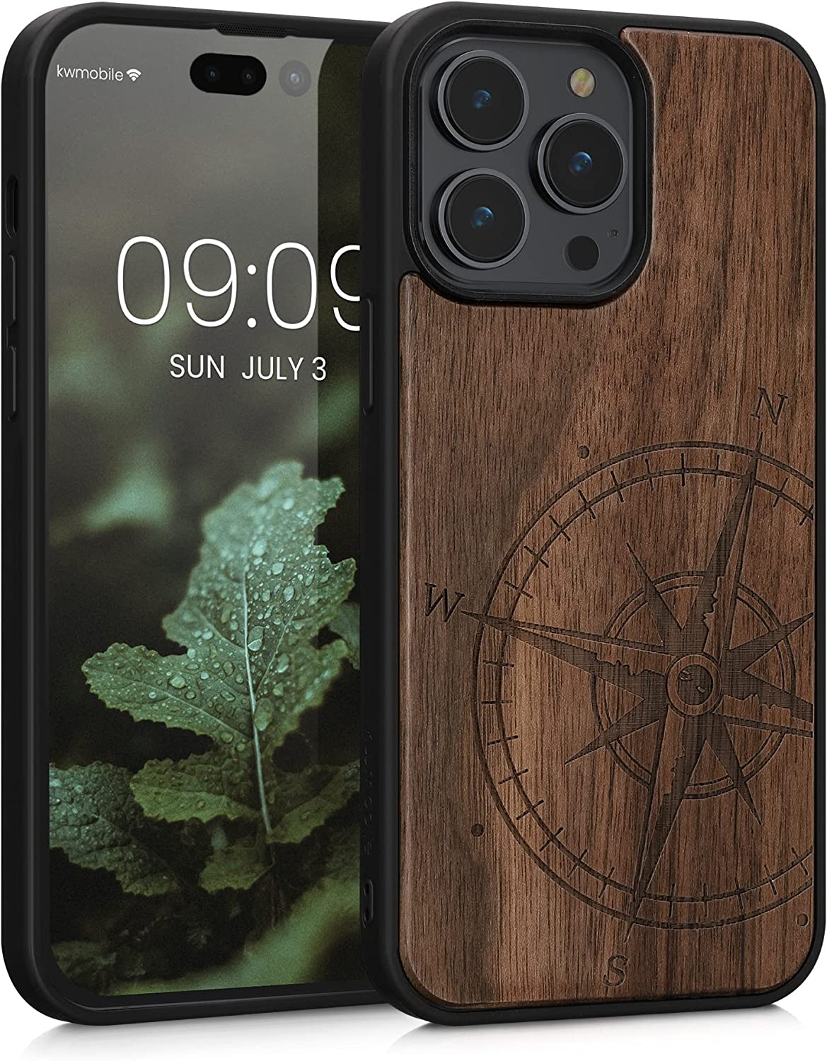 KW iPhone 14 Pro Max Θήκη από Φυσικό Ξύλο Design Navigational Compass - Dark Brown - 59127.01