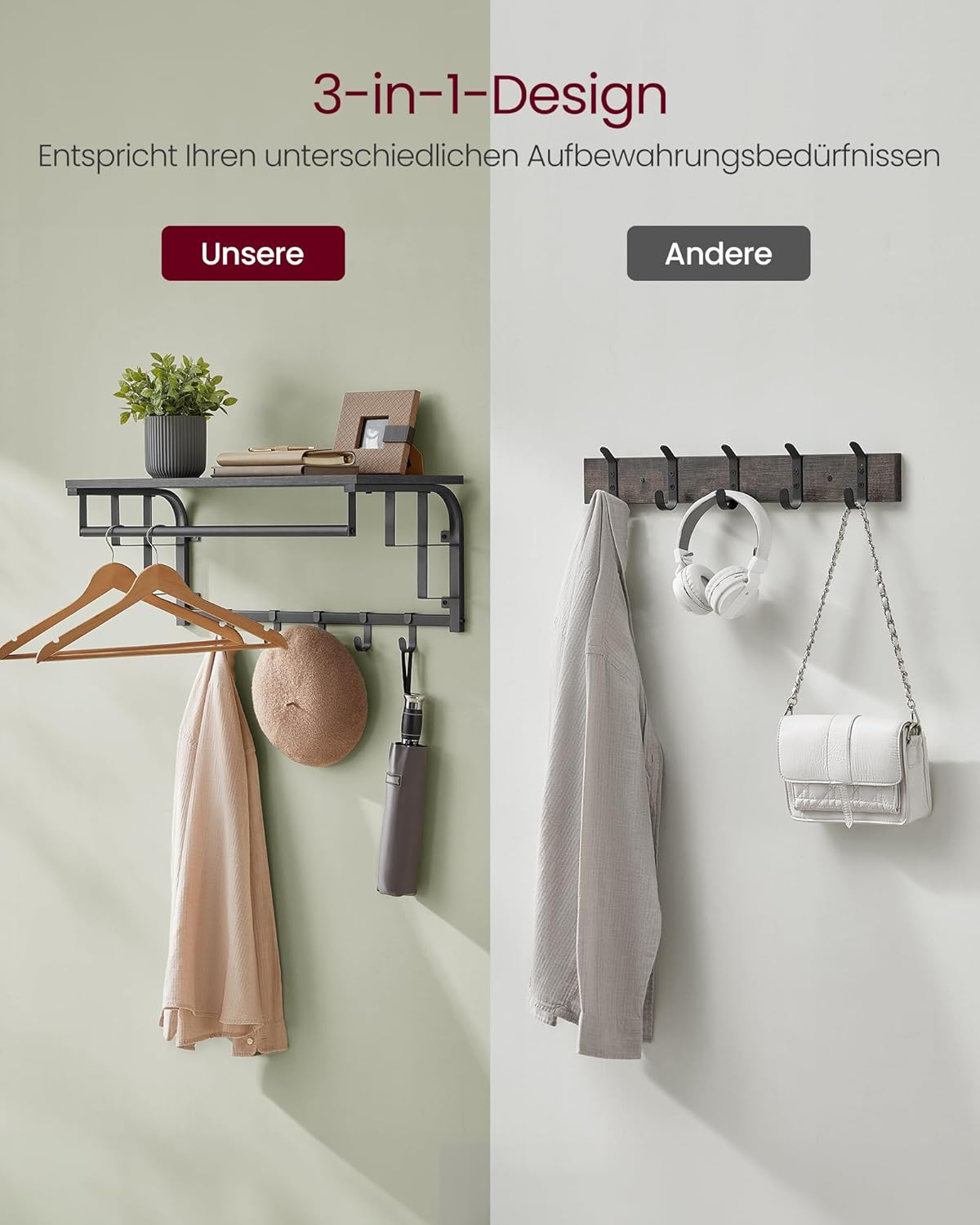 Vasagle Επιτοίχια Κρεμάστρα με Ράβδο και με 5 Αφαιρούμενους Γάντζους - 66 x 30 x 27 cm - Anthracite Grey / Black - LCR012B13