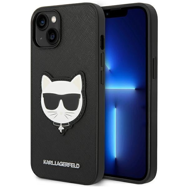 Karl Lagerfeld iPhone 14 - Saffiano Choupette Head Patch Σκληρή Θήκη με Επένδυση Συνθετικού Δέρματος και Πλαίσιο Σιλικόνης - Black - KLHCP14SSAPCHK