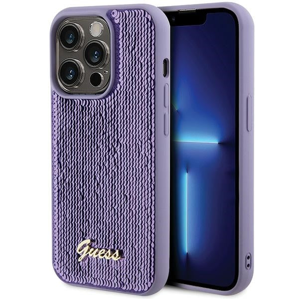 Guess iPhone 15 Pro - Sequin Script Metal Σκληρή Θήκη με Επένδυση από Παγέτες - Purple - GUHCP15LPSFDGSU