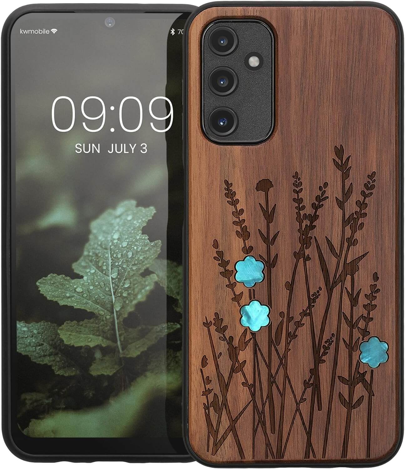 KW Samsung Galaxy A14 5G Θήκη από Φυσικό Ξύλο - Design Wild Flowers Pearl - Dark Brown - 60817.09