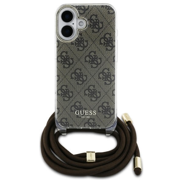 Guess iPhone 16 - Crossbody Cord 4G Print - Σκληρή Θήκη με Πλαίσιο Σιλικόνης και Λουράκι - Brown- GUHCP16SHC4SEW