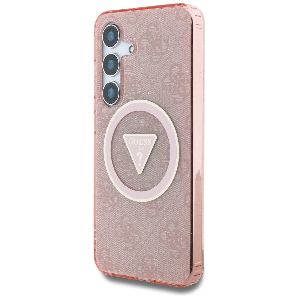 Guess Samsung Galaxy S25 - 4G Glitter Triangle Buttons - MagSafe Σκληρή Θήκη με Πλαίσιο Σιλικόνης - Pink - GUHMS25SHG4PRTGP