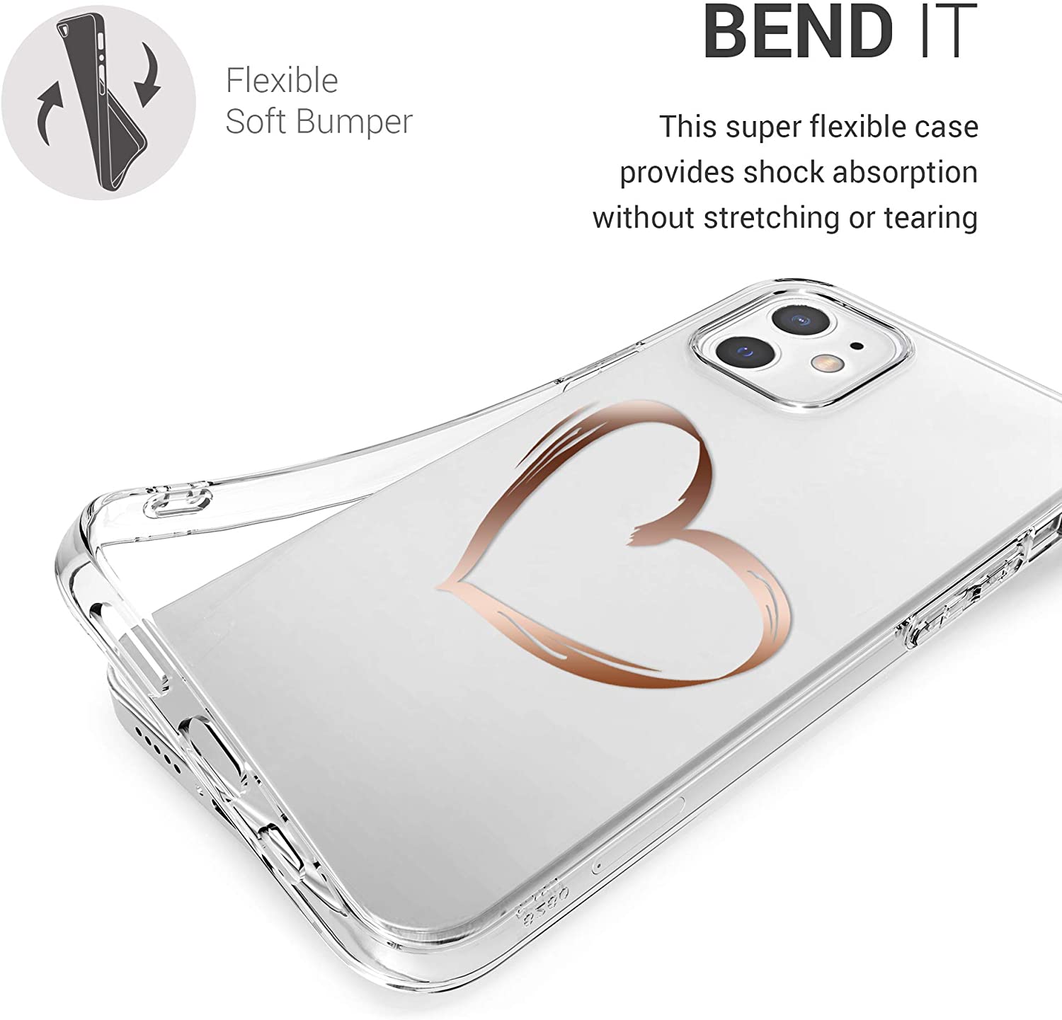 KW iPhone 12 / iPhone 12 Pro Θήκη Σιλικόνης TPU Design Brushed Heart - Διάφανη / Rose Gold - 53035.08
