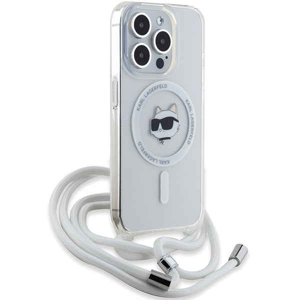 Karl Lagerfeld iPhone 15 Pro Max - IML Choupette Head and Cord - MagSafe Σκληρή Θήκη με Πλαίσιο Σιλικόνης και Λουράκι - Διάφανη - KLHMP15XHCCHNT