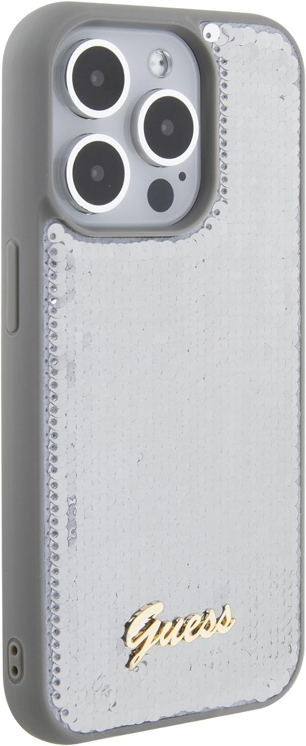 Guess iPhone 15 Pro Max - Sequin Script Metal Σκληρή Θήκη με Επένδυση από Παγέτες - Silver - GUHCP15XPSFDGSS