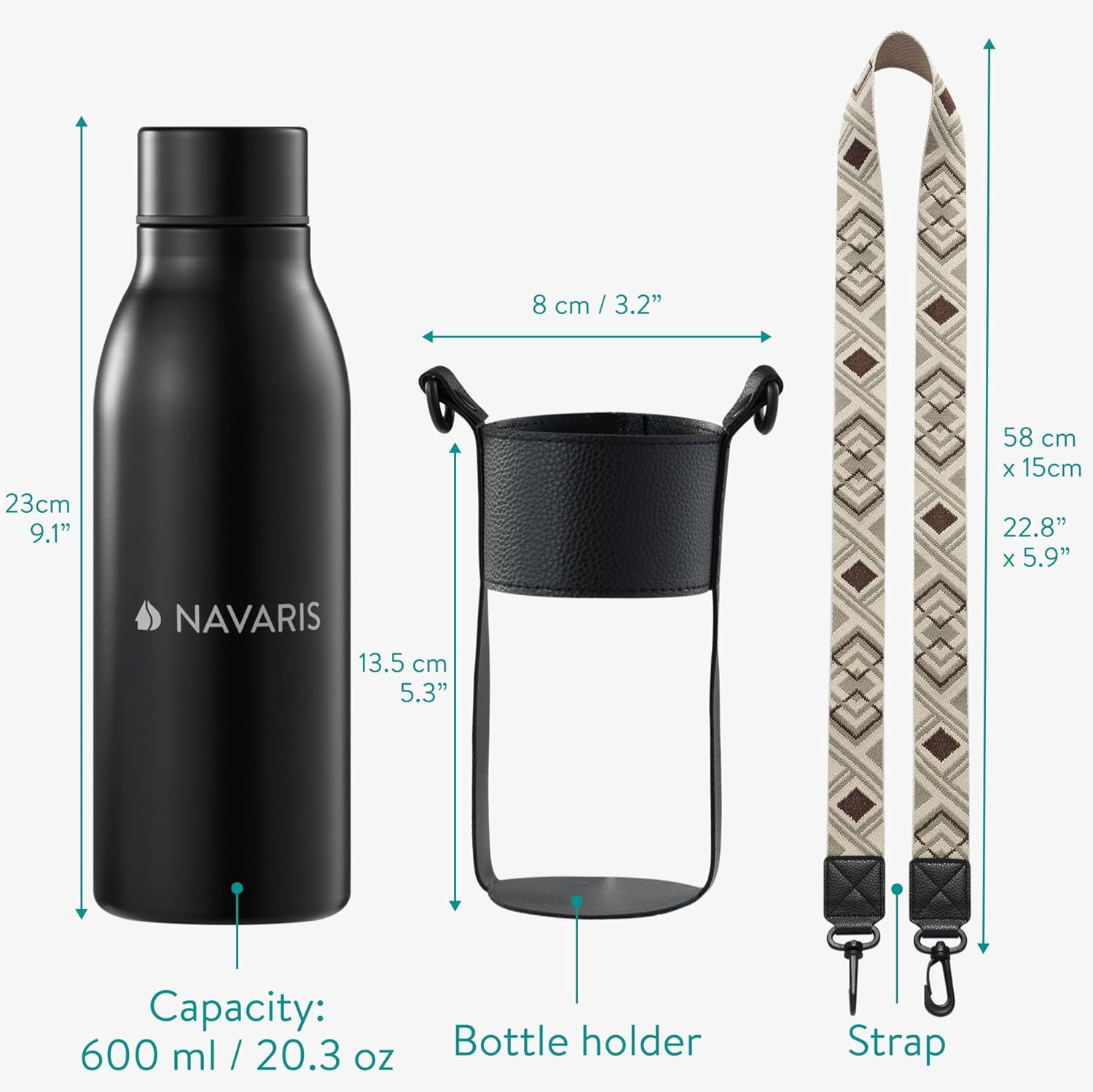Navaris Θερμός από Ανοξείδωτο Ατσάλι με Θήκη και Λουράκι Μεταφοράς - 600ml - Black - 60969.01.01