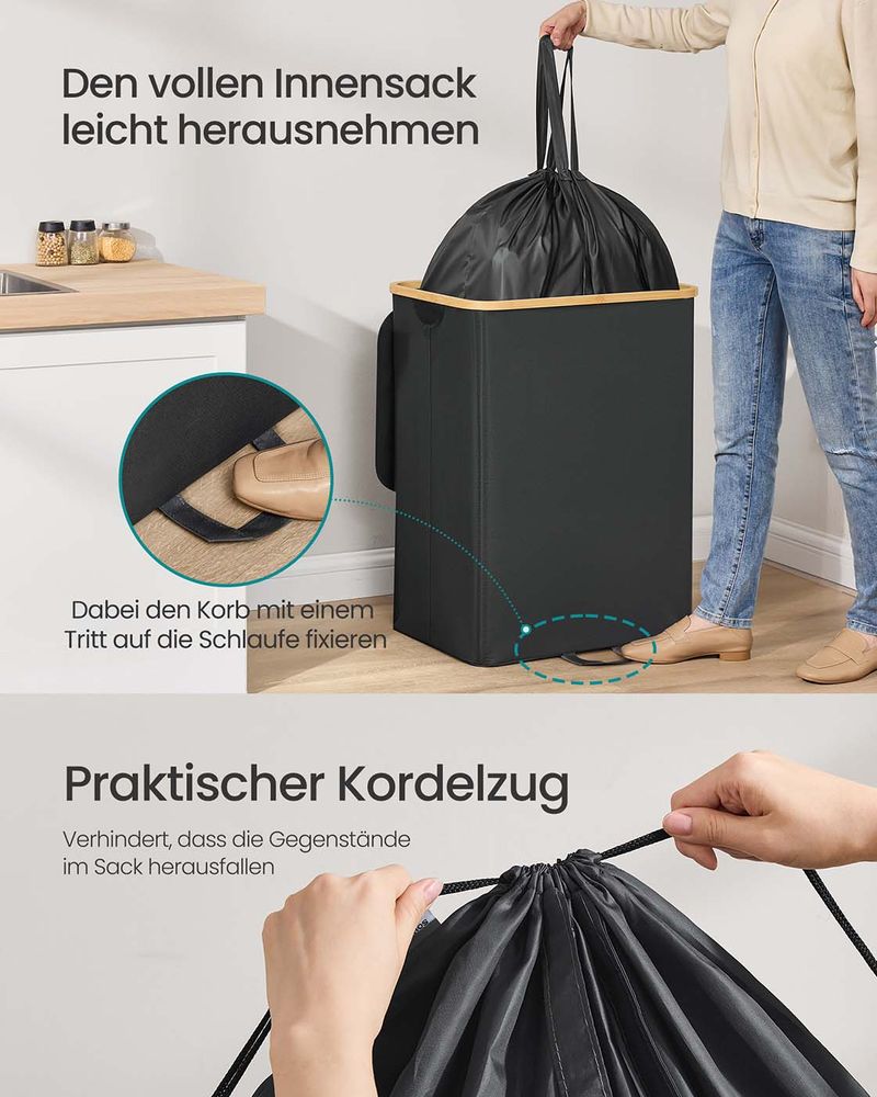 Songmics Κάδος Ανακύκλωσης για Μπουκάλια - 135L - Ink Black / Natural Beige - RRB513B01