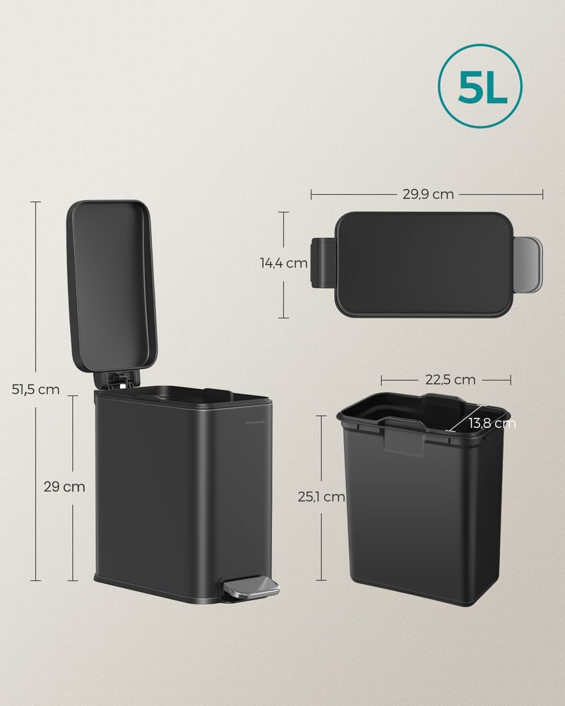 Songmics Κάδος Απορριμμάτων για το Μπάνιο - 5L - Black - LTB560B05