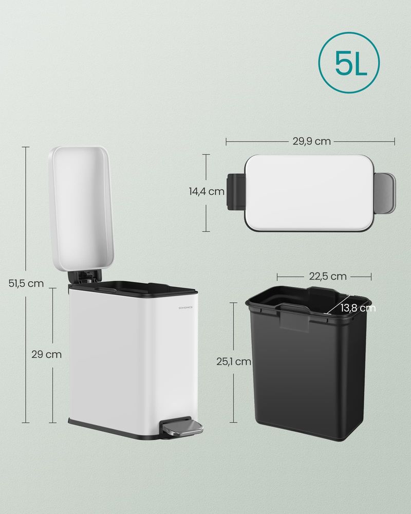 Songmics Κάδος Απορριμμάτων για το Μπάνιο - 5L - White - LTB560W05