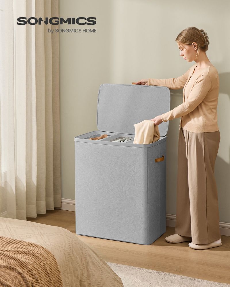 Songmics Καλάθι Απλύτων 3 Διαμερισμάτων με Καπάκι και 3 Αποσπώμενους Σάκους - 200L - Dove Grey - LCB814GD01