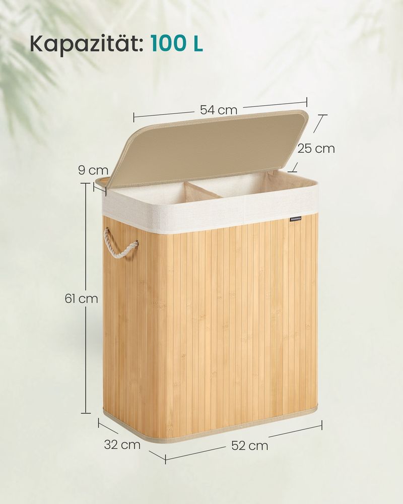 Songmics Καλάθι Απλύτων από Μπαμπού με Καπάκι - 100L - Natural - LCB074Y01V1