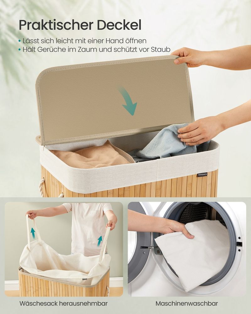 Songmics Καλάθι Απλύτων από Μπαμπού με Καπάκι - 100L - Natural - LCB074Y01V1
