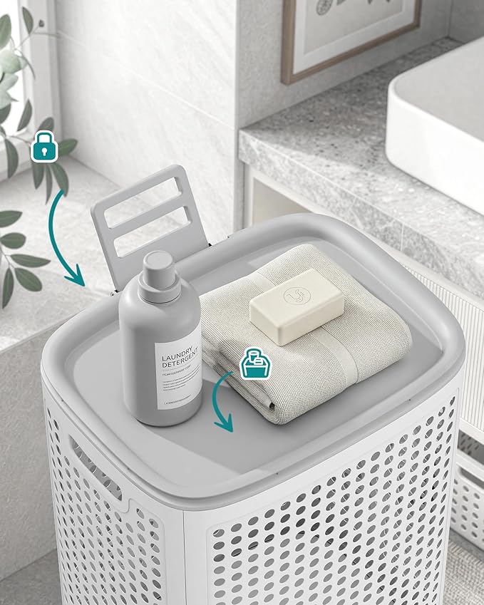 Songmics Καλάθι Απλύτων με Καπάκι - 75L - White Grey - RLH021WG01