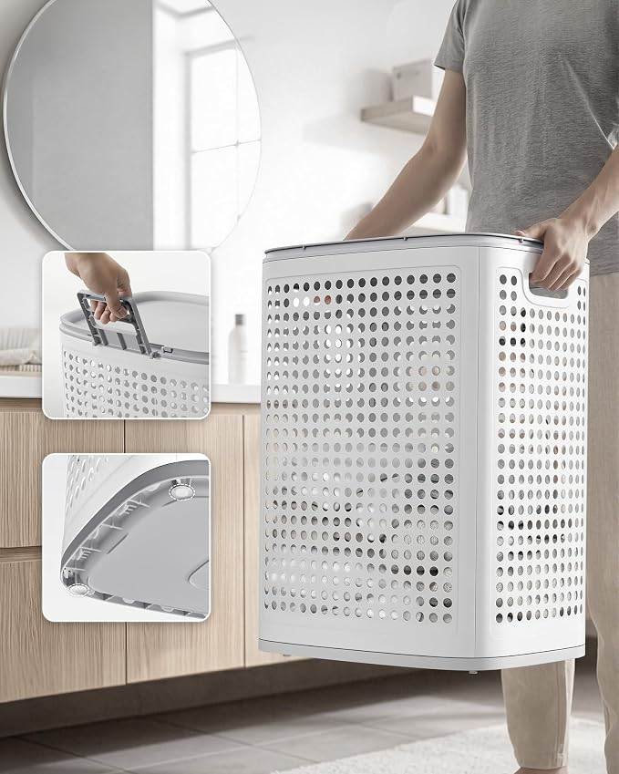 Songmics Καλάθι Απλύτων με Καπάκι - 75L - White Grey - RLH021WG01