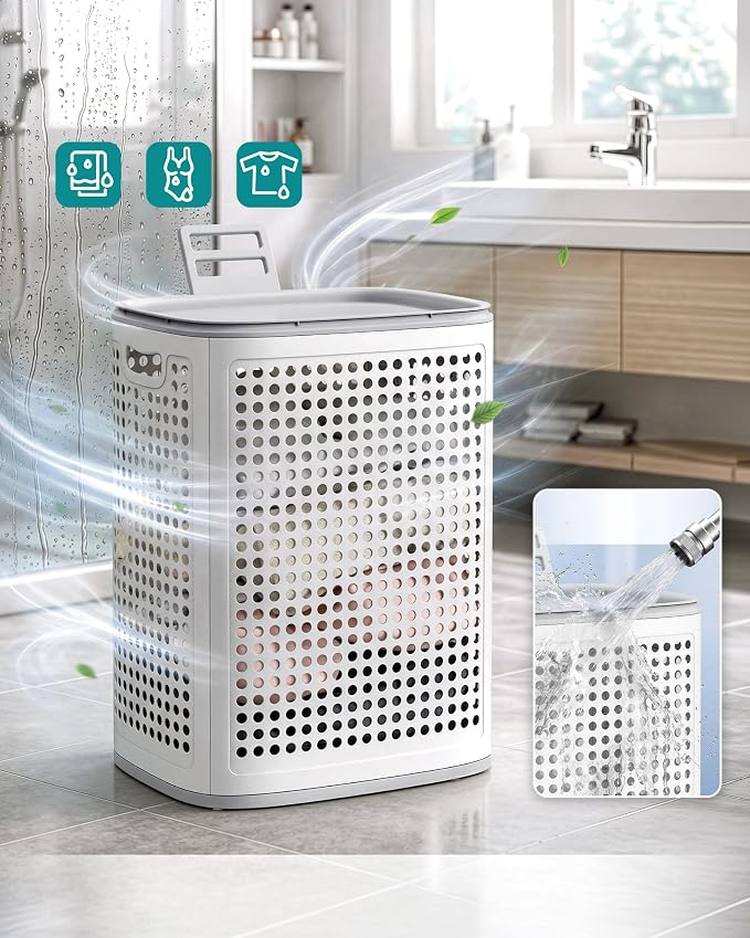 Songmics Καλάθι Απλύτων με Καπάκι - 75L - White Grey - RLH021WG01