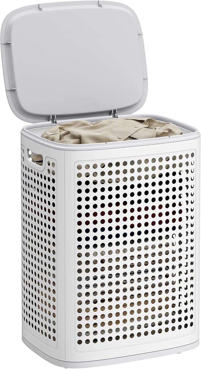 Songmics Καλάθι Απλύτων με Καπάκι - 75L - White Grey - RLH021WG01