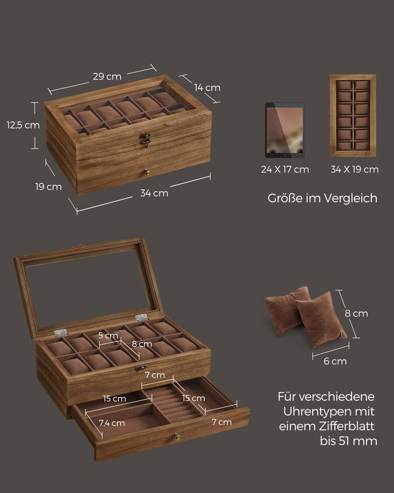 Songmics Κουτί Αποθήκευσης 12 Ρολογιών και Κοσμημάτων - Walnut - JOW012K01