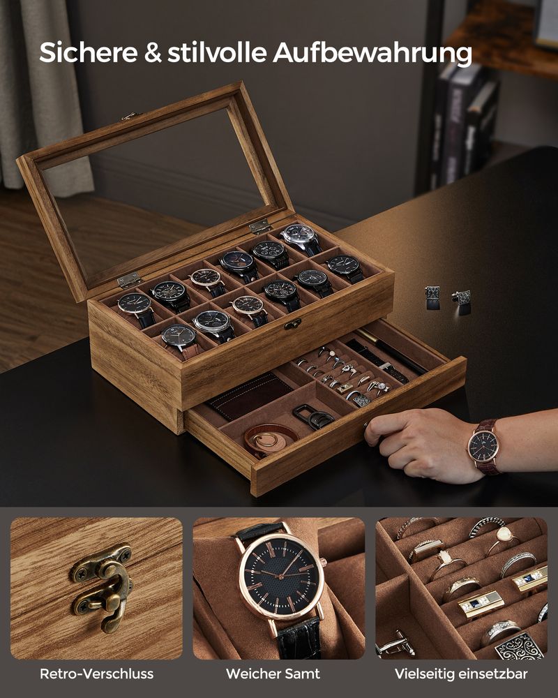 Songmics Κουτί Αποθήκευσης 12 Ρολογιών και Κοσμημάτων - Walnut - JOW012K01