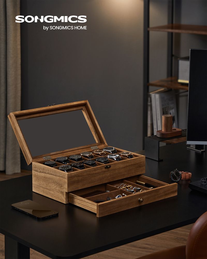 Songmics Κουτί Αποθήκευσης 12 Ρολογιών και Κοσμημάτων - Walnut - JOW012K01