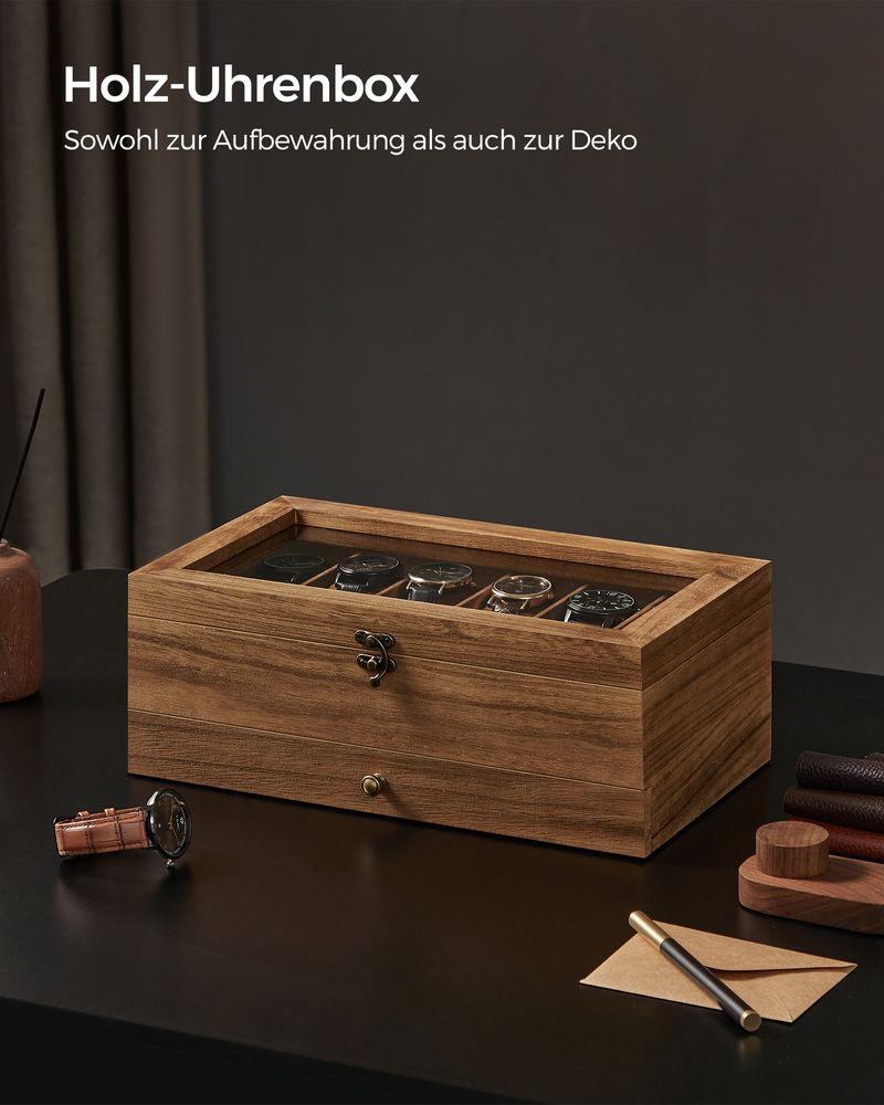 Songmics Κουτί Αποθήκευσης 12 Ρολογιών και Κοσμημάτων - Walnut - JOW012K01