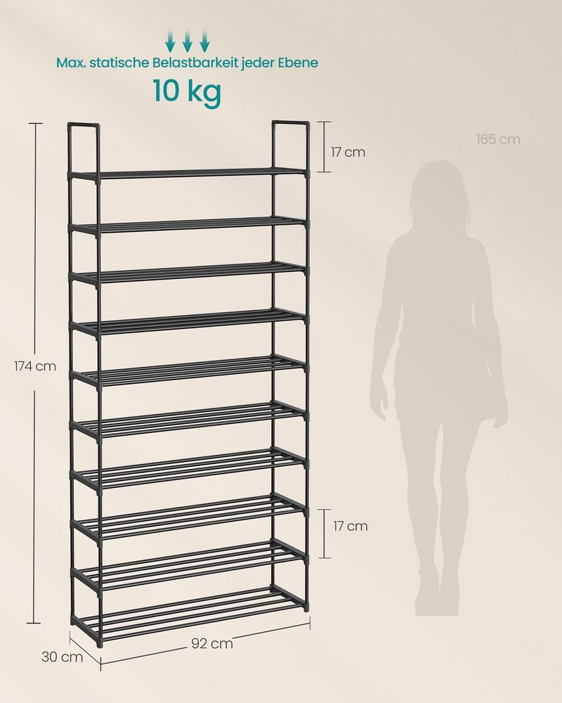 Songmics Μεταλλική Παπουτσοθήκη με 10 Ράφια - 30 x 92 x 174 cm - Black - LSA10BKV2
