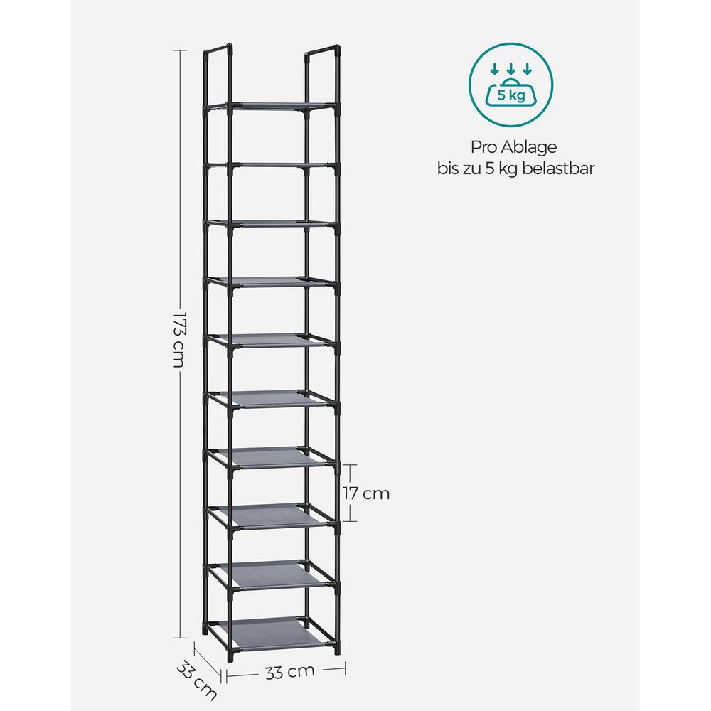 Songmics Μεταλλική Παπουτσοθήκη με 10 Ράφια - 33 x 33 x 173 cm - Grey - LSR110G01
