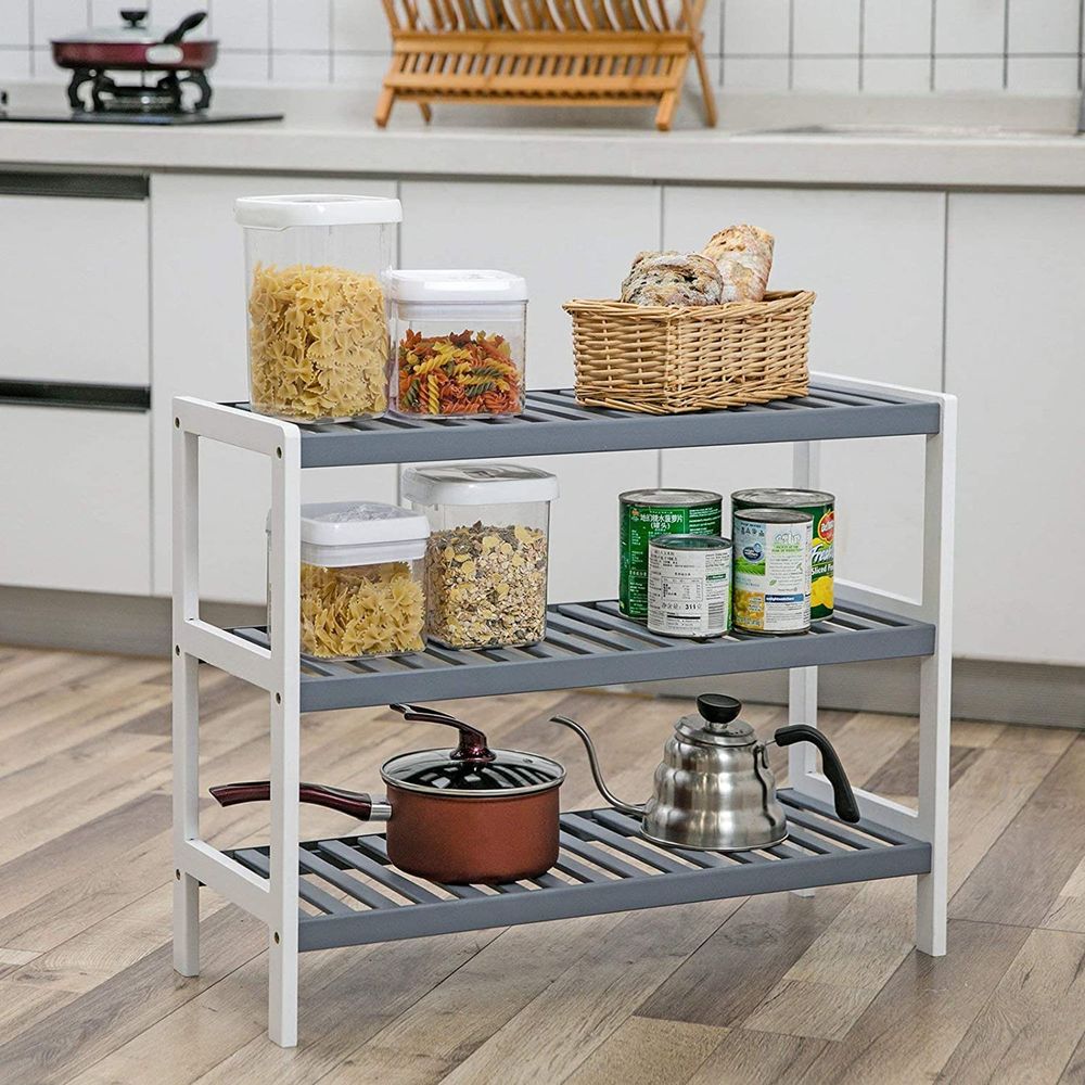 Songmics Παπουτσοθήκη με 3 Ράφια από Μπαμπού - 70 x 55 x 26 cm - Grey / White - LBS03WG