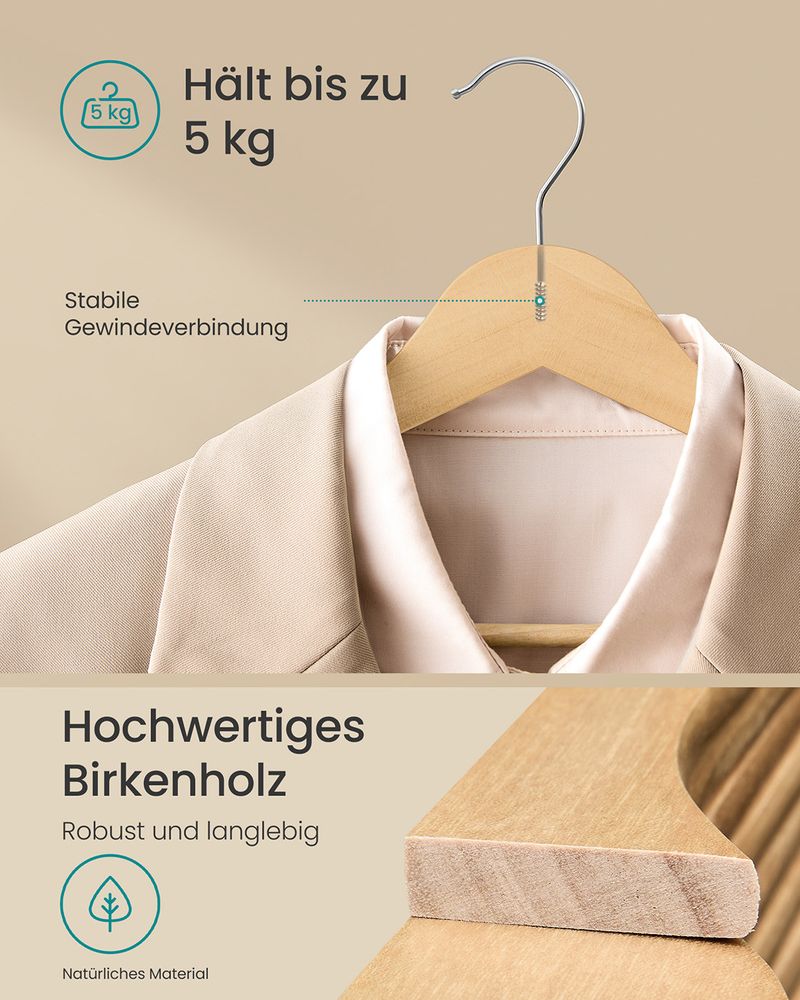 Songmics Σετ με 30 Ξύλινες Κρεμάστρες Ρούχων - Natural - CRW030K01