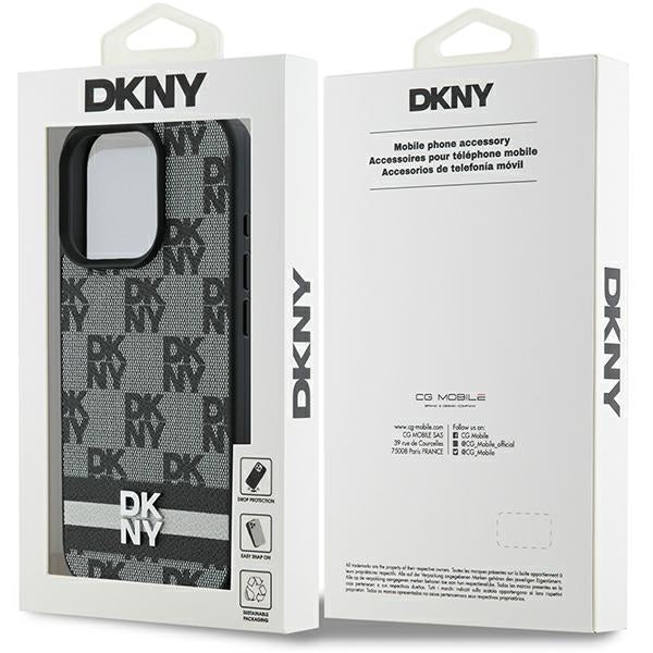 DKNY iPhone 16 Pro Max - Checkered Pattern and Printed Stripes Σκληρή Θήκη με Επένδυση Συνθετικού Δέρματος - Black
