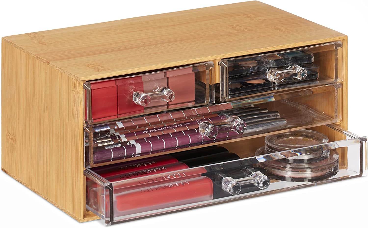 Relaxdays Οργανωτής Καλλυντικών με 4 Συρτάρια από Μπαμπού και Πλαστικό - Natural / Διάφανο - 4052025430351