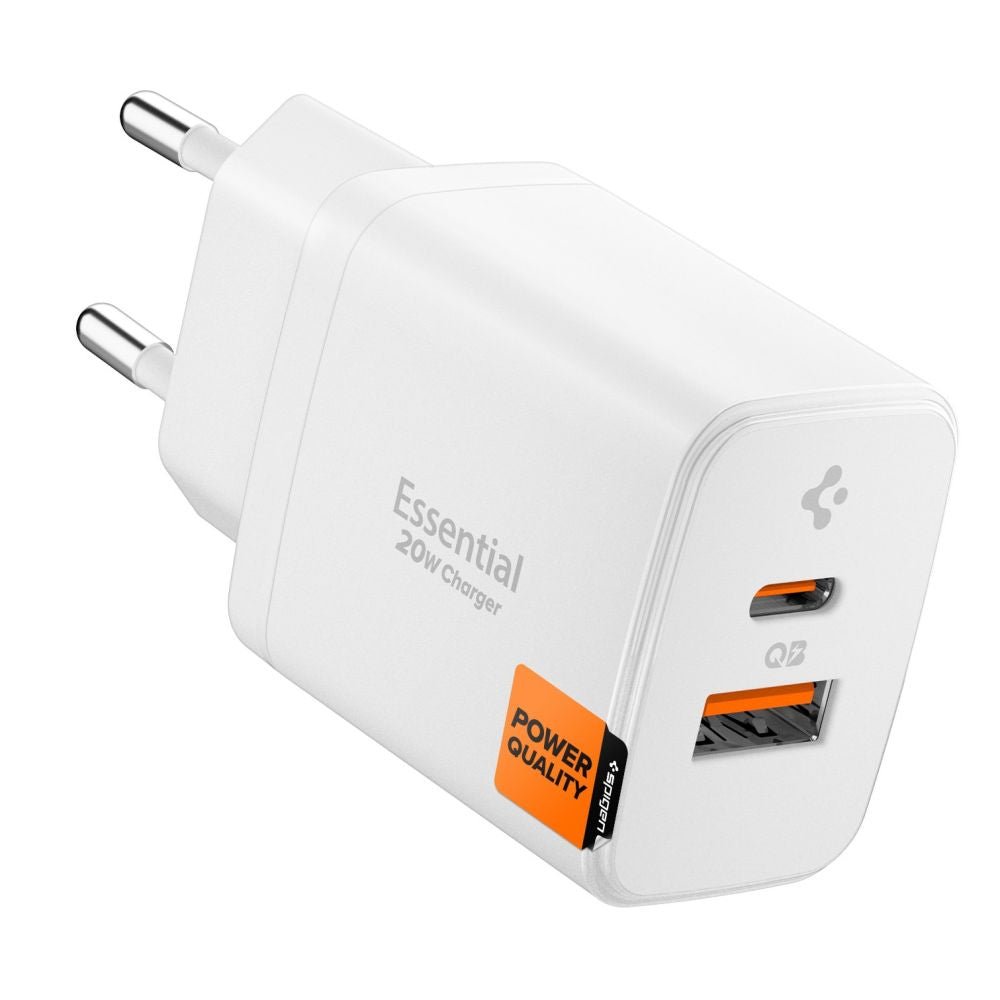 Spigen 20W Οικιακός Φορτιστής Γρήγορης Φόρτισης με 1 Θύρα Type - C και 1 Θύρα USB - Essential EE202EU - White