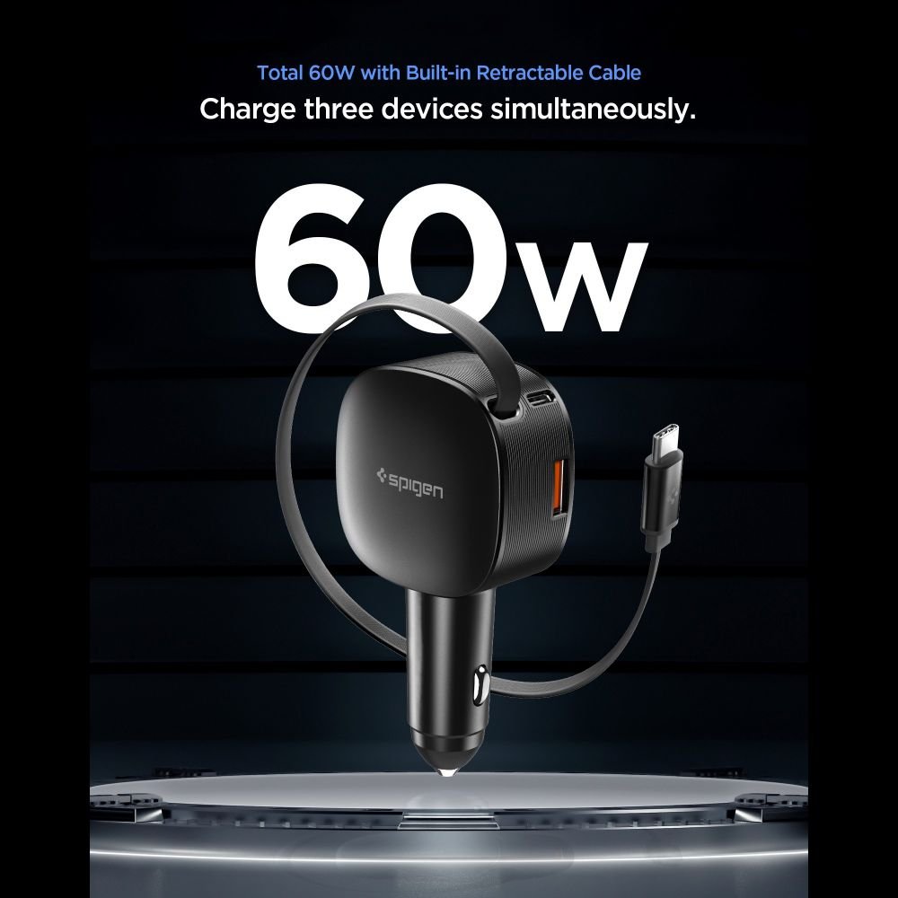 Spigen Φορτιστής Αυτοκινήτου 60W με 1 Θύρα Type - C με 1 Θύρα USB και Ενσωματωμένο Καλώδιο Type - C - EV603BT Essential - Black