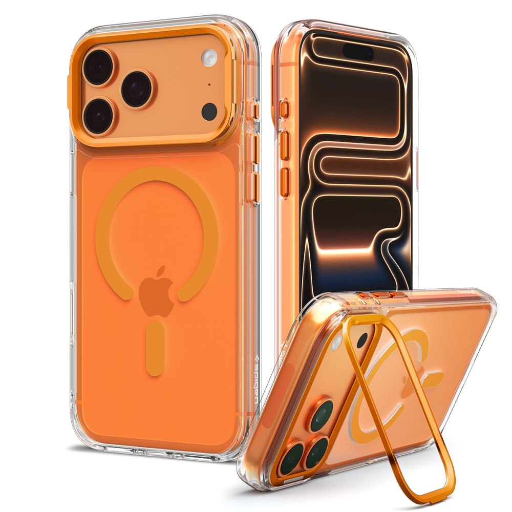 Spigen iPhone 18 Pro / iPhone 17 Pro - Σκληρή Θήκη MagSafe με Πλαίσιο Σιλικόνης Και Stand - Ultra Hybrid Optik S - Clear / Orange