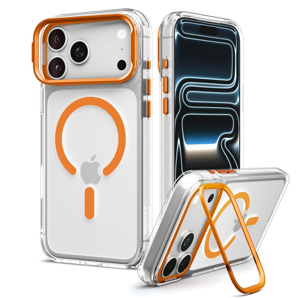 Spigen iPhone 18 Pro / iPhone 17 Pro - Σκληρή Θήκη MagSafe με Πλαίσιο Σιλικόνης Και Stand - Ultra Hybrid Optik S - Clear / Orange