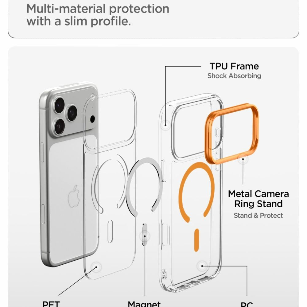 Spigen iPhone 18 Pro / iPhone 17 Pro - Σκληρή Θήκη MagSafe με Πλαίσιο Σιλικόνης Και Stand - Ultra Hybrid Optik S - Clear / Orange