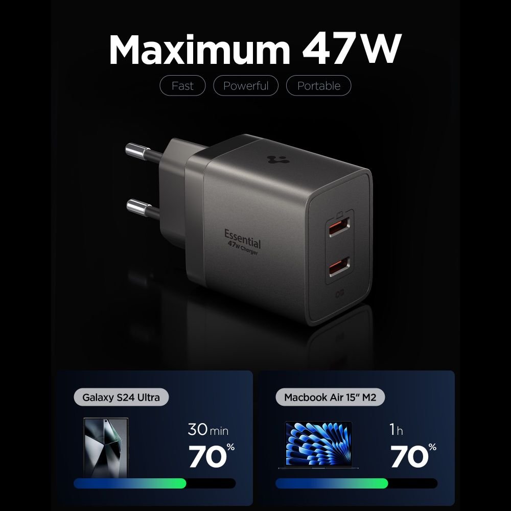 Spigen Οικιακός Φορτιστής Γρήγορης Φόρτισης 47W με 2 Θύρες Type-C - Essential EE472EU-GAN - Gunmetal