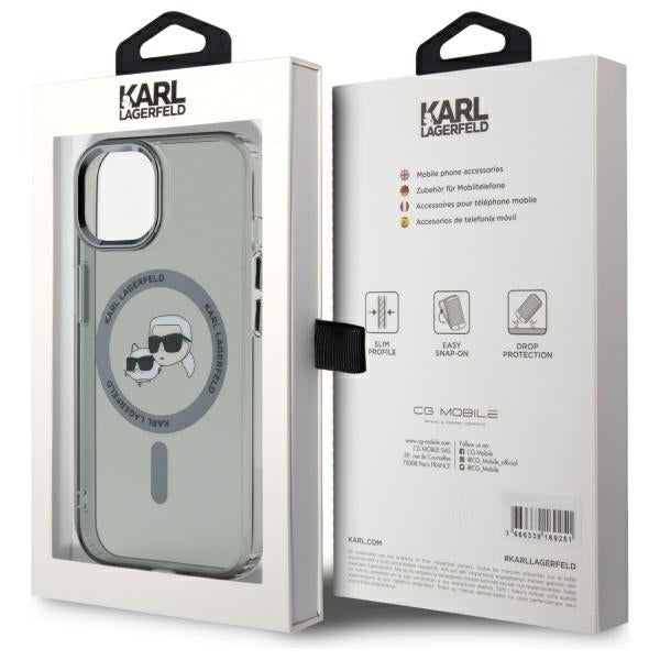 Karl Lagerfeld iPhone 15 - IML Metal Karl and Choupette Head - Σκληρή Θήκη με Πλαίσιο Σιλικόνης και MagSafe - Black - KLHMP15SHLSKCK