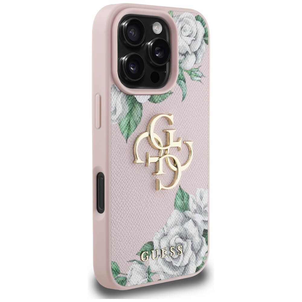 Guess iPhone 16 Pro Max - Grained Roses Big 4G Logo - Σκληρή Θήκη με Επένδυση από Οικολογικό Δέρμα - Pink - GUHCP16XPGROP4MP