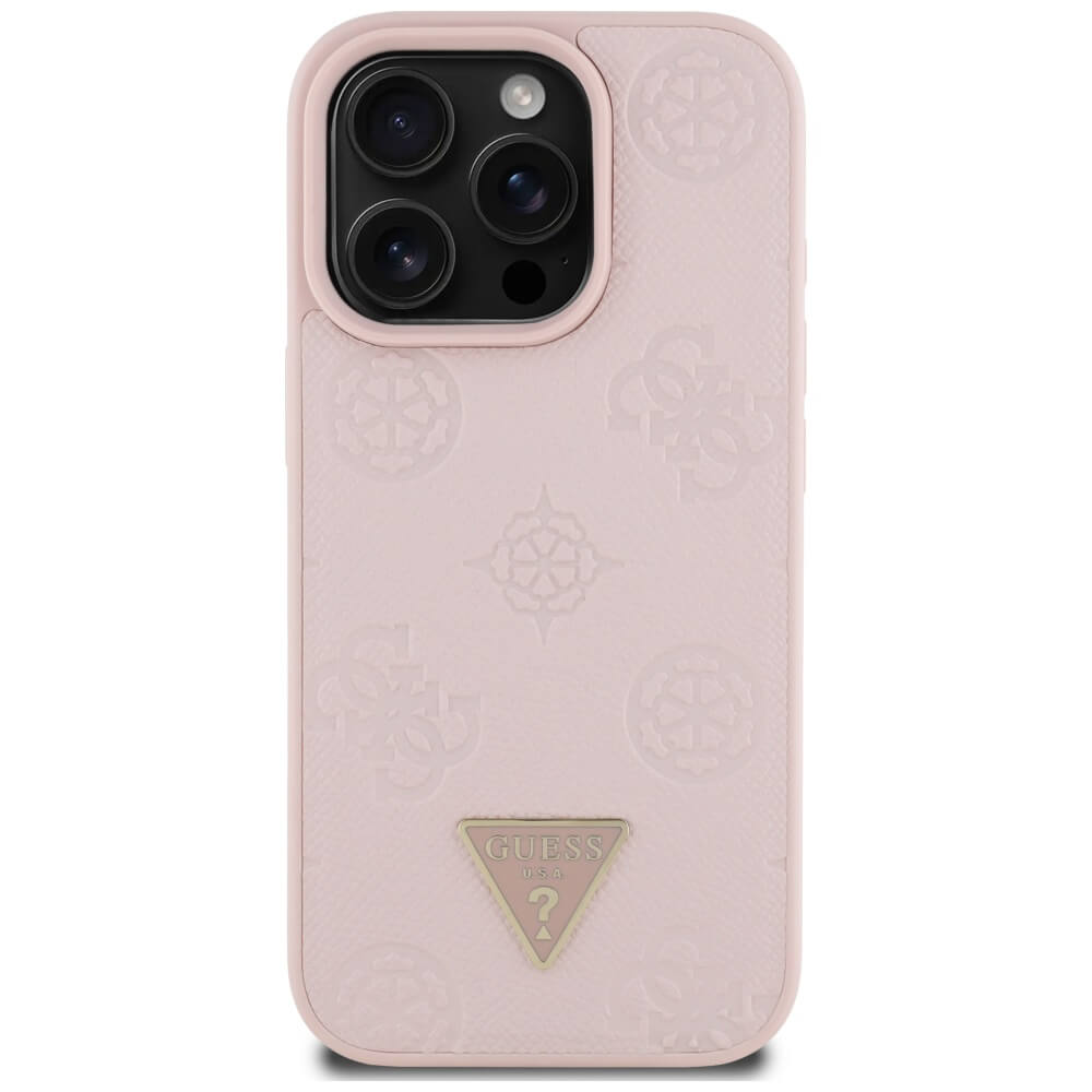 Guess iPhone 16 Pro Max - Grained Hot Stamp Peony Triangle Logo - MagSafe Σκληρή Θήκη με Επένδυση Συνθετικού Δέρματος - Pink - GUHMP16XPGBTMP