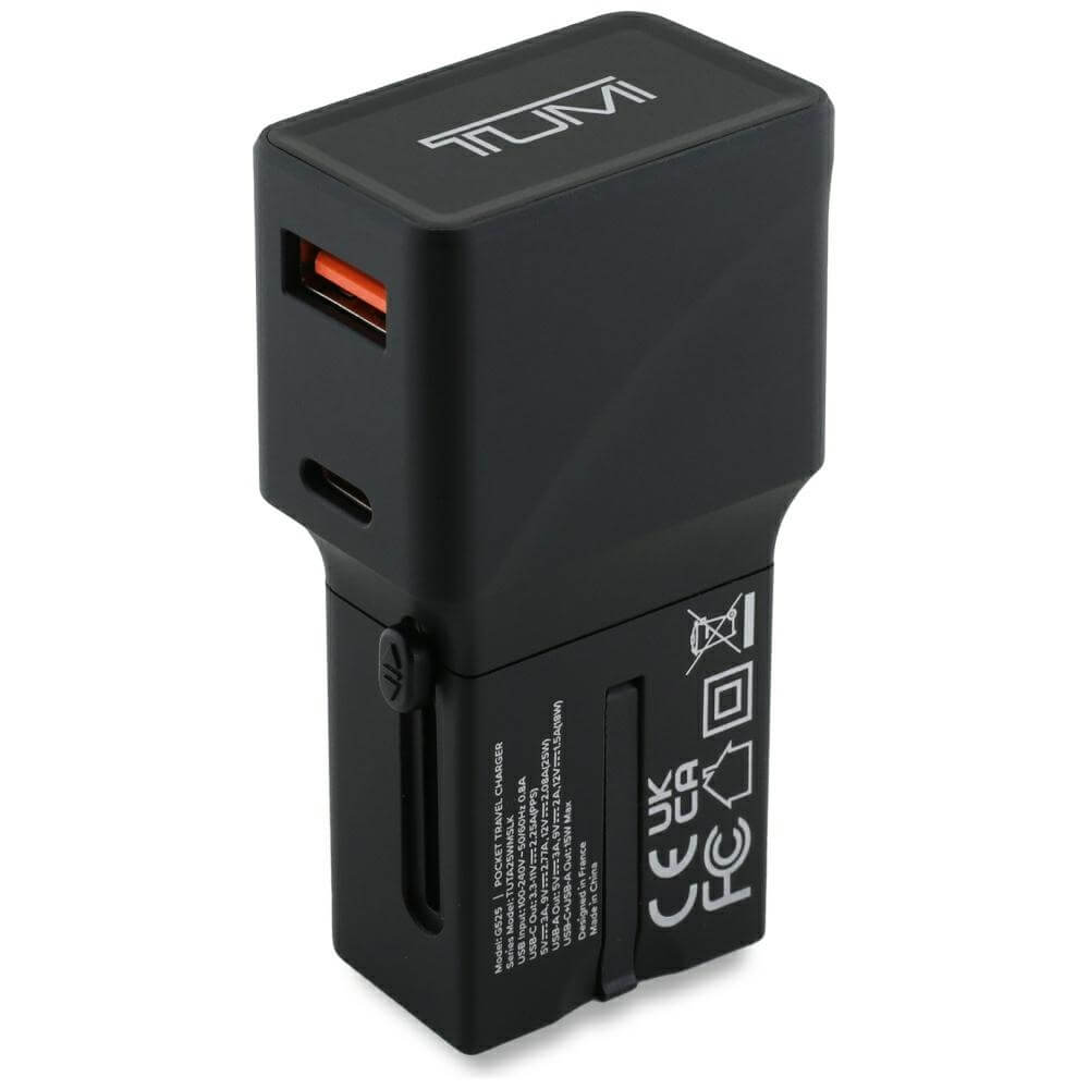 Tumi Travel Adapter 25W Φορτιστής Ταξιδίου με 1 Θύρα Type-C και 1 Θύρα USB και Καλώδιο Type-C to Type-C - Black